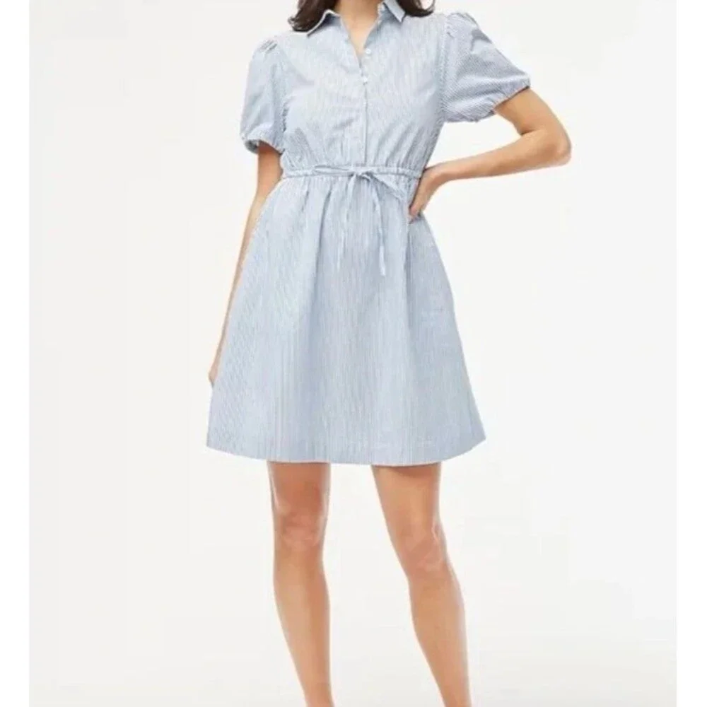 J.Crew Factory Mini Dress Blue White Striped Collar Draw String Waist Size 8